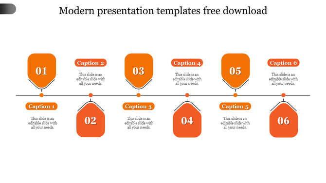 Modern infographic showing six orange markers on a line, each numbered and connected to structured caption areas.