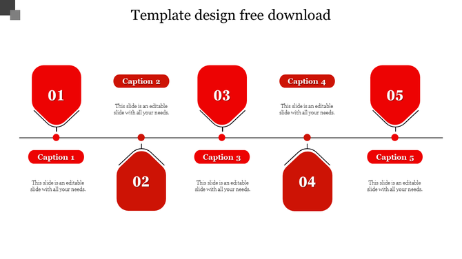 Slide featuring five red pentagonal sections with numbers and captions, connected by a line.