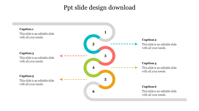 Vertical timeline with six numbered steps in colored circles, connected by arrows to alternating side caption areas.