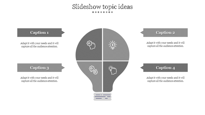 Lightbulb ideas divided into four segments with white icons, each linked to gray arrow-shaped caption boxes on both sides.