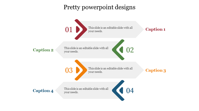 Pretty modern PowerPoint slide with a four step process, featuring numbered arrows and captions in distinct colors.