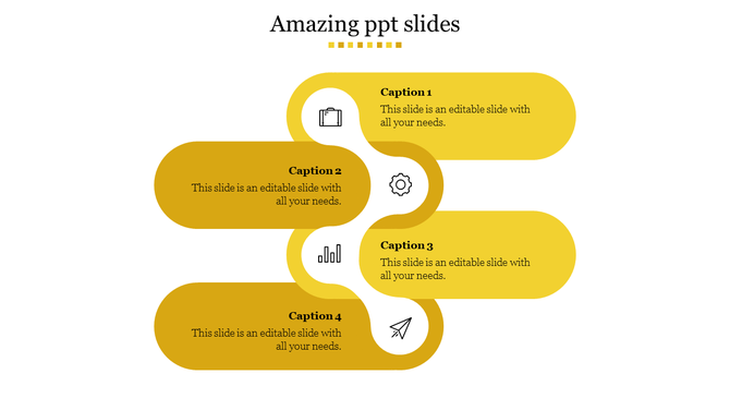 Creative PowerPoint slide with a flowing yellow infographic layout featuring four captions and icons.