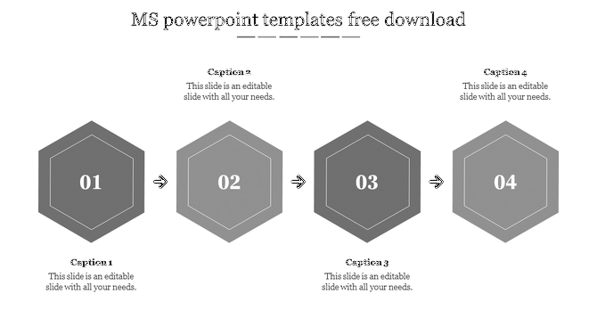 Four gray hexagonal icons for ms numbered 01 to 04, connected by arrows with placeholder captions below each icon.