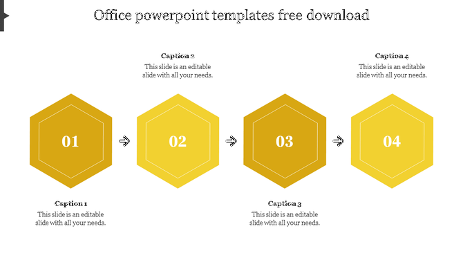 Modern PowerPoint template featuring four yellow hexagonal shapes labeled 01 to 04, connected by arrows for a process flow.