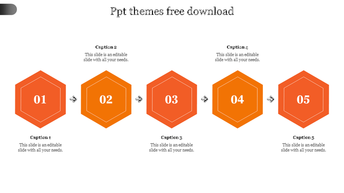 Modern PowerPoint slide with a sequential process flow using orange hexagons labeled 01 to 05, each with captions.