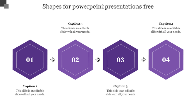 A process flow diagram with four purple hexagons shapes labeled from  one to four, connected by arrows with caption areas.
