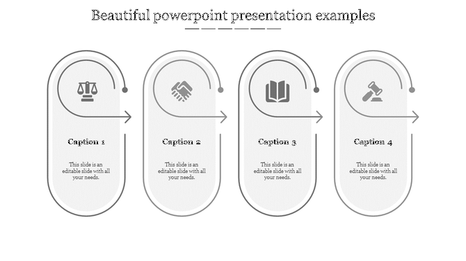 Beautiful PowerPoint design with four labeled steps, each represented by an icon scale, handshake, book, and gavel.