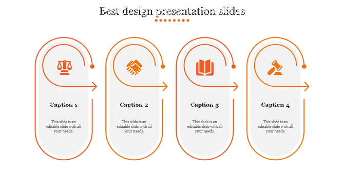 Orange themed design with four capsule-shaped segments, each containing an icon, caption, and editable text field.
