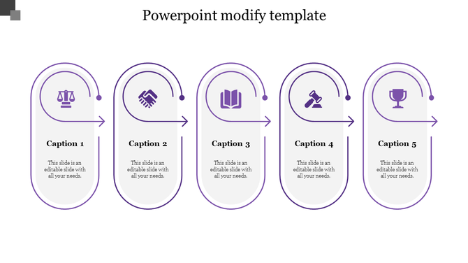Modern custom PowerPoint slide with five purple icons with captions and placeholder text on a white backdrop.