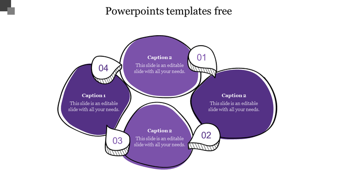 Creative purple PowerPoint background slide with four numbered sections and text placeholders on a white backdrop.
