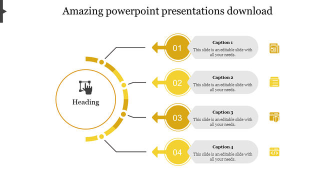 Yellow circle diagram with four steps branching out to the right, featuring numbers, icons and gray text boxes.