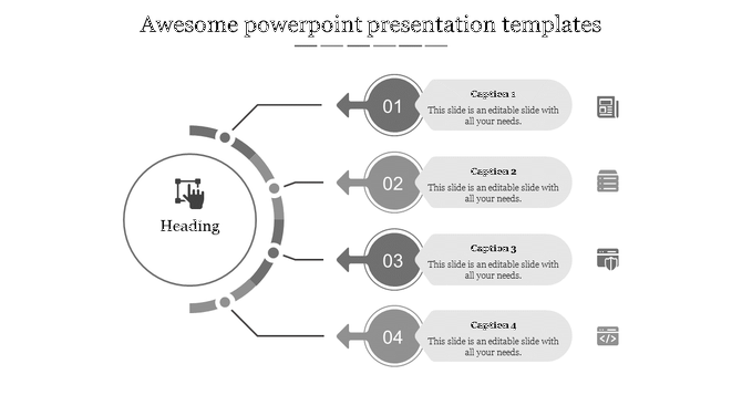 Grayscale circular infographic with four horizontal arrows labeled 01 to 04, each leading to text boxes with icons.