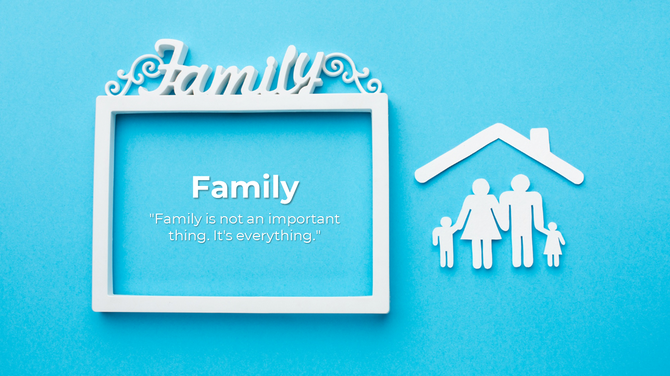 Family themed design with a white decorative frame, silhouettes under a house roof, and a quote on a bright blue backdrop.
