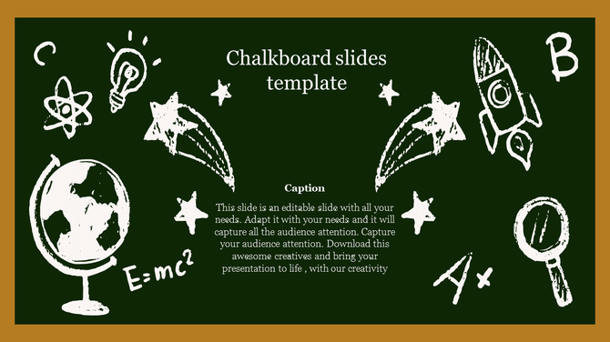 Creative chalkboard PowerPoint slide with hand drawn space and science doodles on a dark green background with a caption.