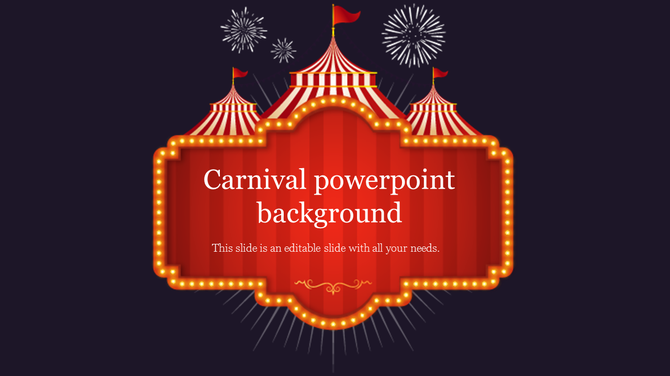 Carnival themed design with red and yellow striped tents, lights, fireworks, and centered text on a dark backdrop.