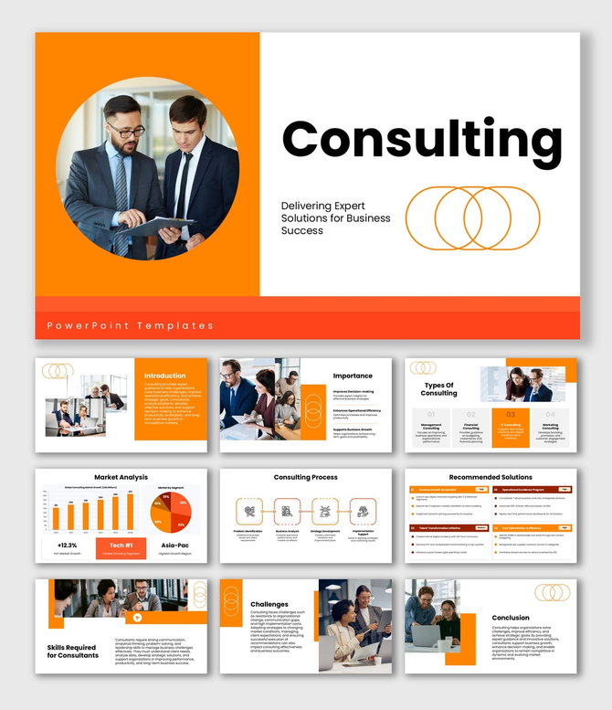 Consulting layout featuring a blurred office background and Five circular icons in various colors aligned at the bottom.
