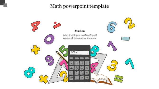 Math PowerPoint template showing a calculator, pencil, and colorful numbers against a white background.
