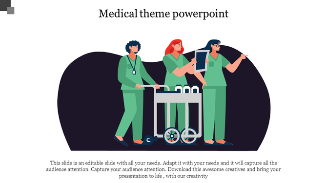 Medical themed slide with three healthcare workers in green scrubs, standing next to a cart, on a dark curved background.