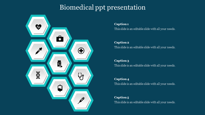 Hexagonal layout slide illustrating biomedical icons, including a syringe, stethoscope, and DNA helix, with text captions.