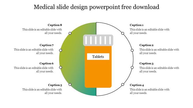 Medical PowerPoint slide featuring a tablet bottle infographic with eight surrounding caption points on a white backdrop.