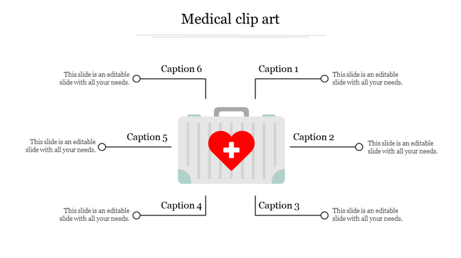 Central medical bag icon with a red heart and cross, connected to six placeholders text areas with lines.