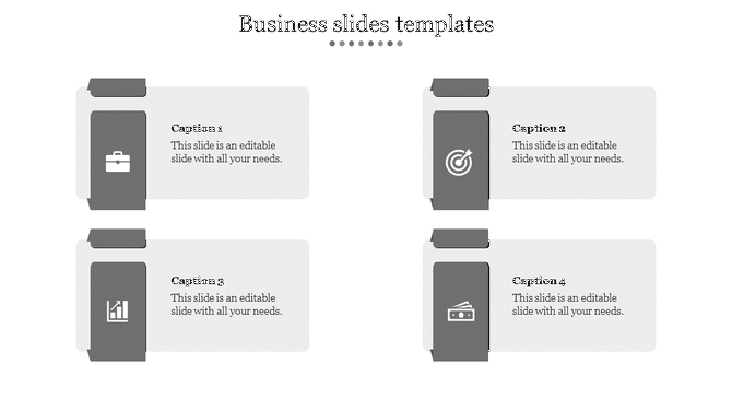 Minimalist business template with column layout, showing four gray icon blocks and corresponding caption sections.