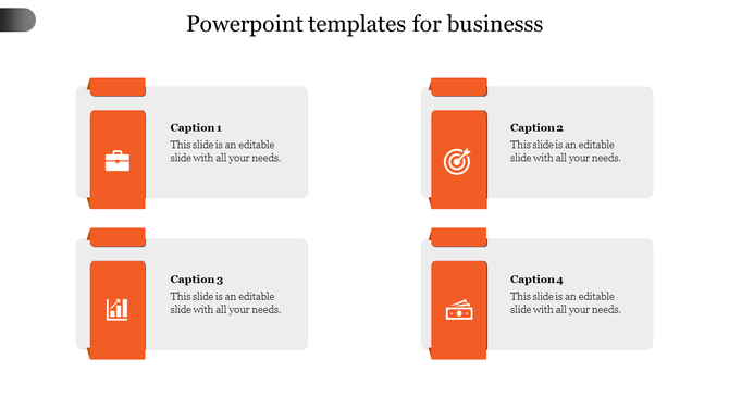 Slide with orange bar accents above four rectangular block, containing text and an icon aligned to the left.