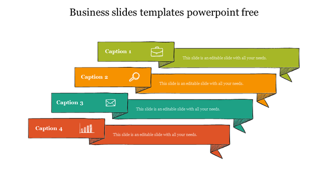 Business slide with four staggered caption ribbons in green, orange, teal, and red, each containing icons and text blocks.