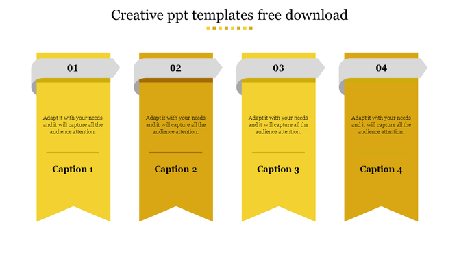 Creative template featuring four vertical yellow banners, each with gray labels and placeholders text areas.