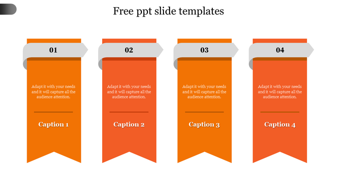 Four orange banners with a gray top curl featuring numbers, each containing  caption at the bottom, arranged horizontally.