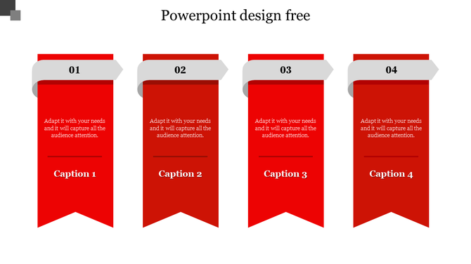 Red ribbon style PowerPoint template with four sections for key points with captions on a white backdrop.