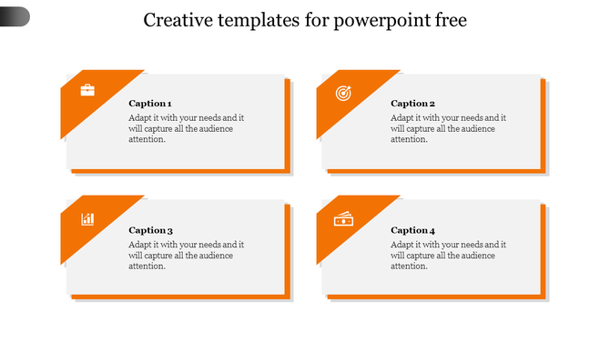 Creative templates with four slides with orange design elements and placeholders text areas placed in white backdrop.