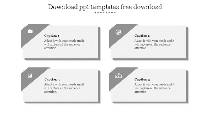 Gray themed layout with four rectangular blocks, featuring minimalistic icons and captions in a structured grid.