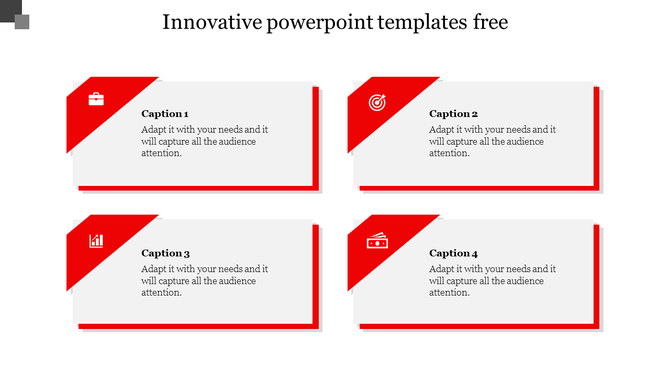 Best design PPT slide featuring modern caption boxes with red accents and icons on a white backdrop.