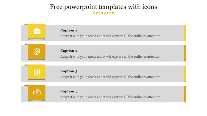 Slide featuring four horizontal sections with yellow icons representing business, goals, analytics, and finance with caption.