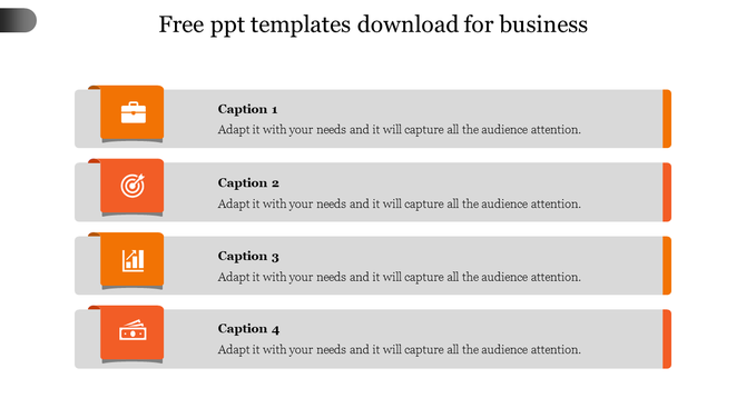 Business slide layout with four caption boxes featuring orange icons on the left and gradient orange accents on the right.