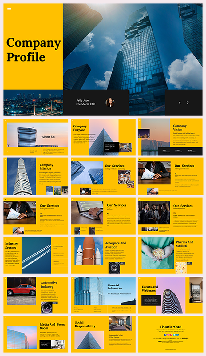 Company profile template with yellow themed slides, text blocks, business photos, and service section layouts. 