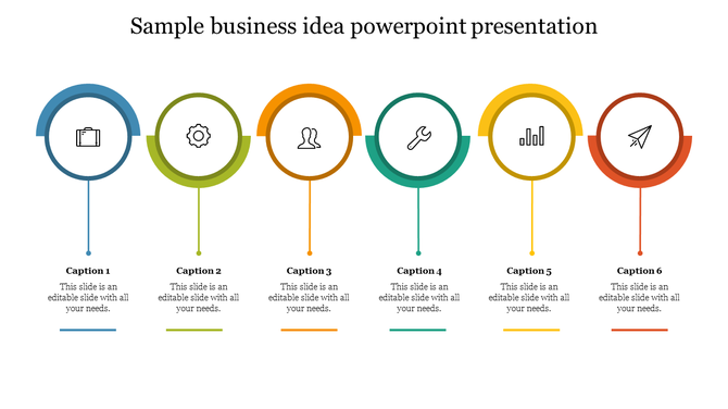 A six step business idea slide with icons representing different stages, including briefcase, gear, and graph symbols.