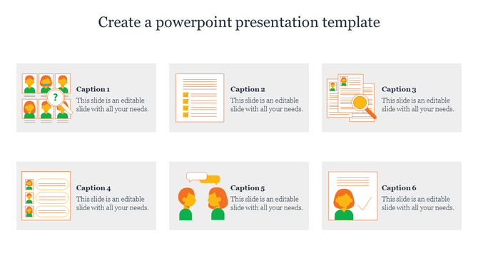 Six rectangular sections with icons in orange and green, each containing a caption and text, arranged in two rows.