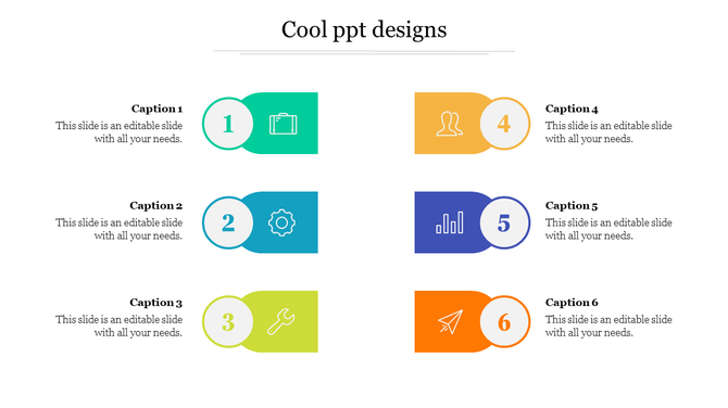 Six colorful cool blocks arranged in two rows, each containing a number, icon, and placeholder caption.