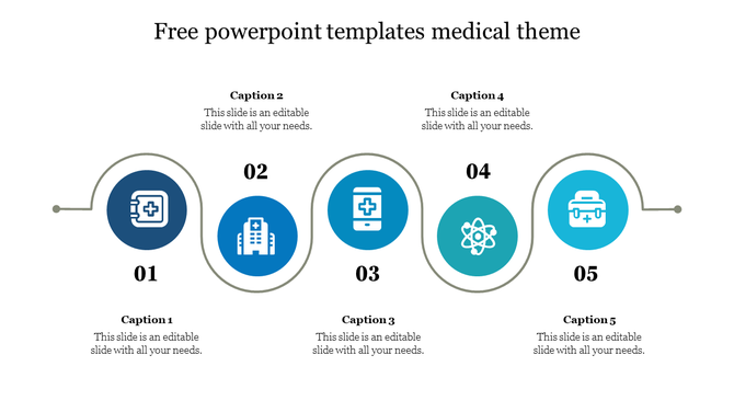 Medical themed PowerPoint slide with five step healthcare blue icons with captions and placeholder text on a white backdrop.
