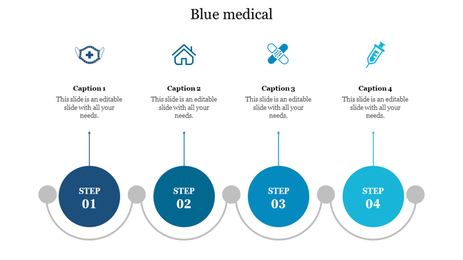 A medical themed slide featuring four steps, each represented by icons and a blue color scheme.