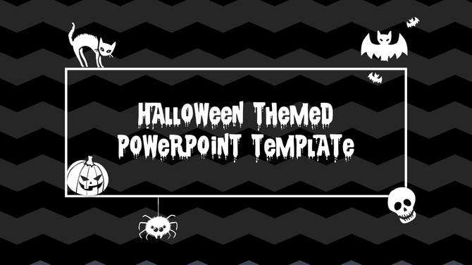 Halloween title slide with black zigzag background, white spooky text, and icons like a bat, cat, pumpkin, skull, and spider.