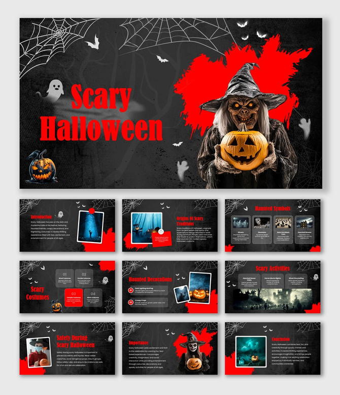 Scary Halloween slides with dark red theme, witch holding pumpkin, cobwebs, ghosts, icons, shapes, and text sections.