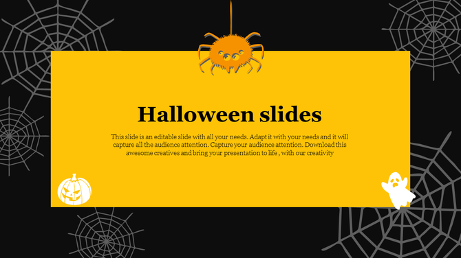 Dark Halloween slide featuring a yellow box with title, a hanging orange spider and white pumpkin and ghost icons below.