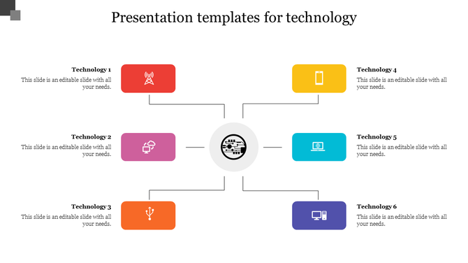 Infographic for technology showing six segments with device icons and editable text areas around a central circuit icon.