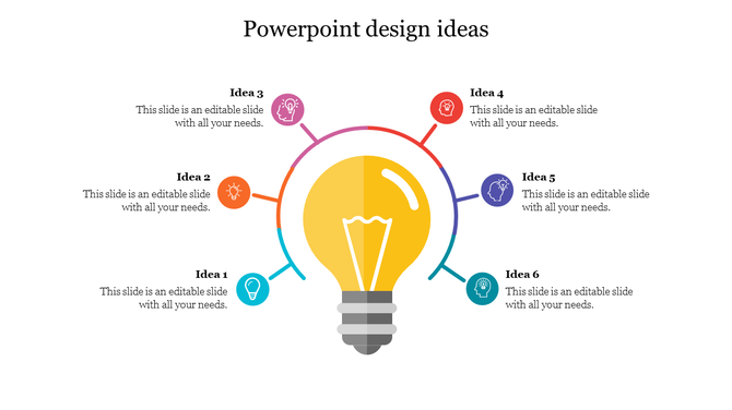 Slide with six design ideas branching from a central lightbulb, each represented by a different colored icon with captions.