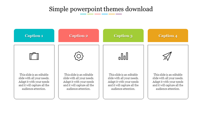 Four rectangular text boxes, each with a header in teal, red, green, and yellow, on a white background.