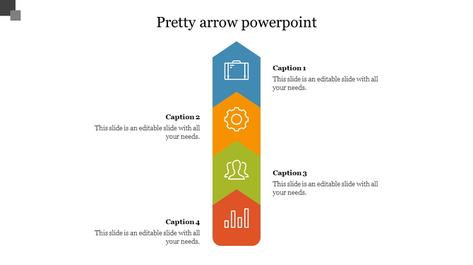 Vertical arrow infographic PPT slide with four colorful sections, each linked to a caption with placeholder text.