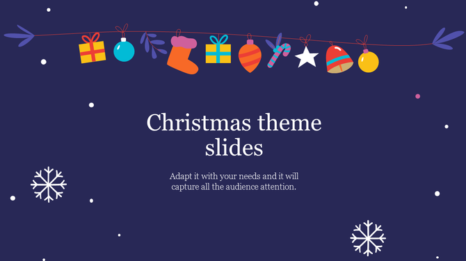 Christmas slide with festive ornaments hanging from a red string, snowflakes, and scattered dots on a dark blue background.